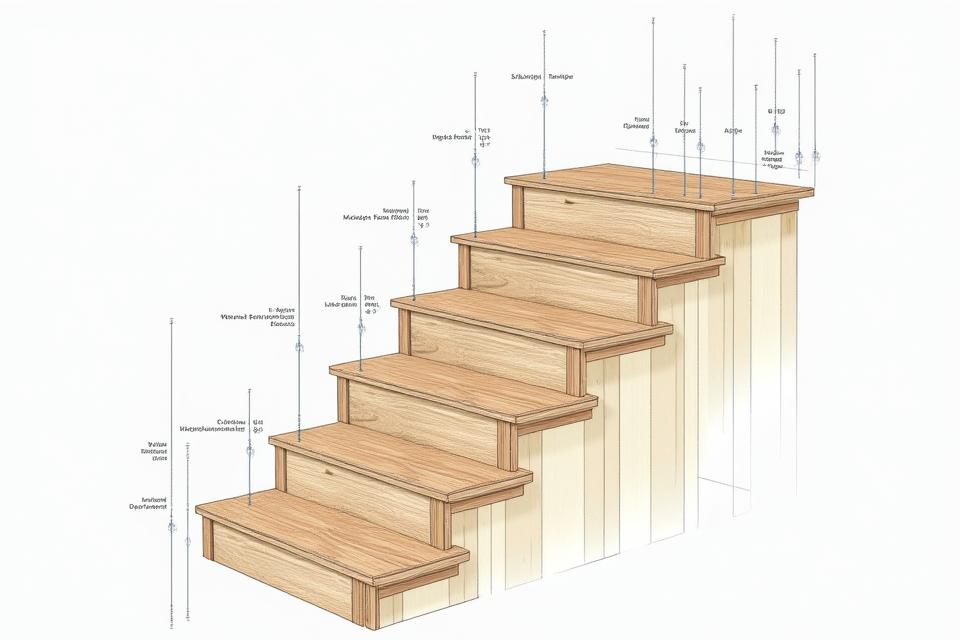 Detailed engineering diagram of a wooden staircase structure highlighting load points and joinery